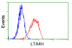 LTA4H / LTA4 Antibody - Flow cytometric analysis of Jurkat cells, using anti-LTA4H antibody, (Red) compared to a nonspecific negative control antibody (Blue).