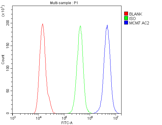 MCM7 Antibody - Flow Cytometry analysis of A431 cells using anti-MCM7 antibody. Overlay histogram showing A431 cells stained with anti-MCM7 antibody (Blue line). The cells were blocked with 10% normal goat serum. And then incubated with rabbit anti-MCM7 Antibody (1µg/10E6 cells) for 30 min at 20°C. DyLight®488 conjugated goat anti-rabbit IgG (5-10µg/10E6 cells) was used as secondary antibody for 30 minutes at 20°C. Isotype control antibody (Green line) was rabbit IgG (1µg/10E6 cells) used under the same conditions. Unlabelled sample (Red line) was also used as a control.