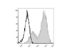 MHC Class II I-A/I-E Antibody - Mouse splenocytes are stained with Anti-Mouse I-A/I-E Monoclonal Antibody(PE/Cyanine5 Conjugated)[Used at 0.02 µg/10<sup>6</sup> cells dilution](filled gray histogram). Unstained splenocytes (blank black histogram) are used as control.