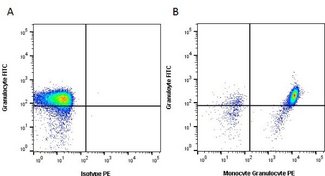 Monocytes, Granulocytes Antibody - Figure A. FITC conjugated Mouse anti Pig Granulocytes and RPE conjugated Mouse IgG1 isotype control. Figure B. FITC conjugated Mouse anti Pig Granulocytes and RPE conjugated Mouse anti Pig Monocyte/Granulocyte. All experiments performed on red cell lysed porcine blood gated on lymphocytes in the presence of 10% pig serum. Data acquired on the ZE5™ Cell Analyzer.