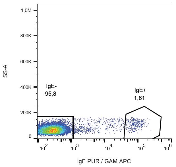 Human IgE Antibody - Surface staining of IgE in human peripheral blood lymphocytes with anti-IgE (BE5) purified, GAM-APC.