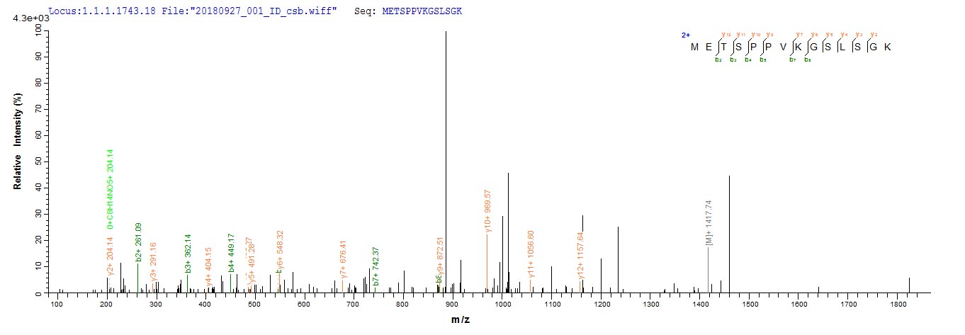VCAN / Versican Protein - Based on the SEQUEST from database of E.coli host and target protein, the LC-MS/MS Analysis result of Recombinant Mouse Versican core protein(Vcan),partial could indicate that this peptide derived from E.coli-expressed Mus musculus (Mouse) Vcan.