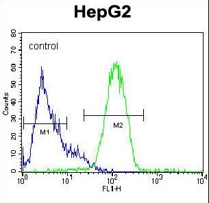 NANOG Antibody - NANOG Antibody flow cytometry of HepG2 cells (right histogram) compared to a negative control cell (left histogram). FITC-conjugated goat-anti-rabbit secondary antibodies were used for the analysis.