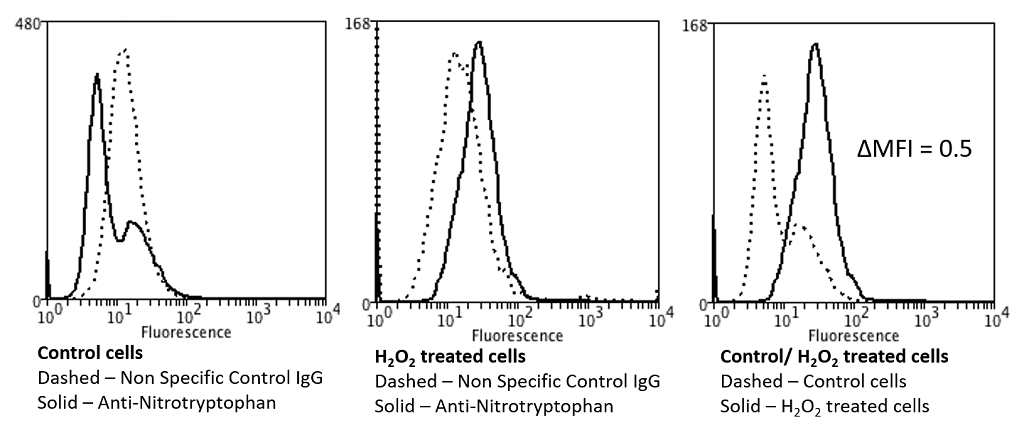 NO Tryptophan (Nitrotryptophan) Antibody - Flow Cytometry analysis using Mouse Anti-Nitrotryptophan Monoclonal Antibody, Clone 2D12. Tissue: Neuroblastoma cells (SH-SY5Y). Species: Human. Fixation: 90% Methanol. Primary Antibody: Mouse Anti-Nitrotryptophan Monoclonal Antibody  at 1:50 for 30 min on ice. Secondary Antibody: Goat Anti-Mouse: PE at 1:100 for 20 min at RT. Isotype Control: Non Specific IgG. Cells were subject to oxidative stress by treating with 250 µM H2O2 for 24 hours.