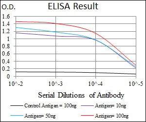 NOS2 / iNOS Antibody - ELISA: iNOS Antibody (4E5) - Red: Control Antigen (100ng); Purple: Antigen (10ng); Green: Antigen (50ng); Blue: Antigen (100ng).