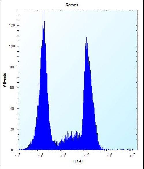OR10G9 Antibody - OR10G9 Antibody flow cytometry of Ramos cells (right histogram) compared to a negative control cell (left histogram). FITC-conjugated donkey-anti-rabbit secondary antibodies were used for the analysis.