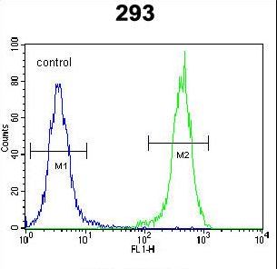 OTUD6B Antibody - OTUD6B Antibody flow cytometry of 293 cells (right histogram) compared to a negative control cell (left histogram). FITC-conjugated goat-anti-rabbit secondary antibodies were used for the analysis.