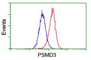 p58 / PSMD3 Antibody - Flow cytometry of Jurkat cells, using anti-PSMD3 antibody (Red), compared to a nonspecific negative control antibody (Blue).