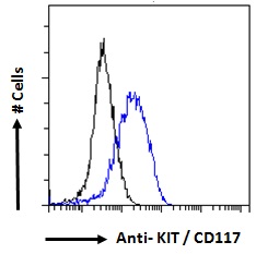 c-Kit / CD117 Antibody - c-Kit / CD117 antibody flow cytometric analysis of paraformaldehyde fixed MCF7 cells (blue line), permeabilized with 0.5% Triton. Primary incubation 1hr (10ug/ml) followed by Alexa Fluor 488 secondary antibody (1ug/ml). IgG control: Unimmunized goat IgG (black line) followed by Alexa Fluor 488 secondary antibody.