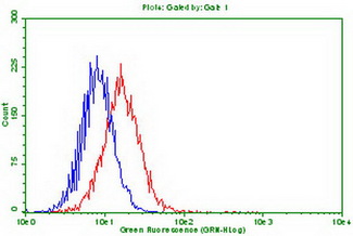 PDCD1 / CD279 / PD-1 Antibody - Flow cytometric analysis of stable expression PD1 cells using anti-PDCD1 antibody (Red) compared to a nonspecific negative control antibody (Blue).(1:100)(1:50)
