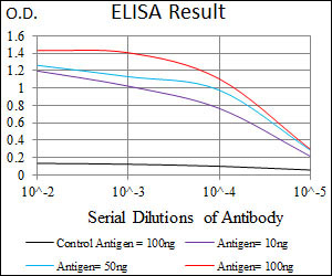 PCNA Antibody - Red: Control Antigen (100ng); Purple: Antigen (10ng); Green: Antigen (50ng); Blue: Antigen (100ng);