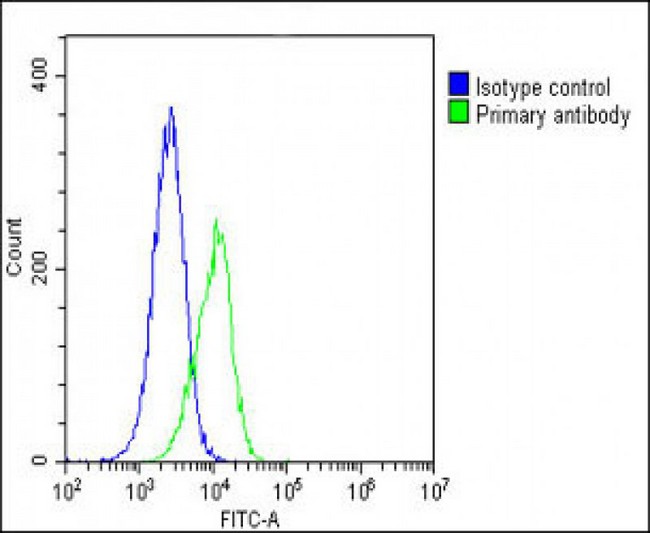 PCSK1 Antibody - Overlay histogram showing A549 cells stained with PCSK1 Antibody (C-Term) (green line). The cells were fixed with 2% paraformaldehyde (10 min) and then permeabilized with 90% methanol for 10 min. The cells were then icubated in 2% bovine serum albumin to block non-specific protein-protein interactions followed by the antibody (PCSK1 Antibody (C-Term), 1:25 dilution) for 60 min at 37°C. The secondary antibody used was Goat-Anti-Rabbit IgG, DyLight® 488 Conjugated Highly Cross-Adsorbed at 1/200 dilution for 40 min at 37°C. Isotype control antibody (blue line) was rabbit IgG1 (1µg/1x10^6 cells) used under the same conditions. Acquisition of >10, 000 events was performed.