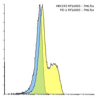 PDCD1 / CD279 / PD-1 Antibody - Flow cytometry analysis of PD-1 overexpressing 293 cells using RF16003 at 1 ug/ml. Blue: untransfected cells, Yellow: PD-1 transfected cells.