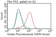 PDPN / Podoplanin Antibody - Flow cytometric analysis of living U87MG cells, using anti-PDPN antibody. (red), compared to an IgG isotype control. (green), and negative control. (PBS). (blue). (1:100)