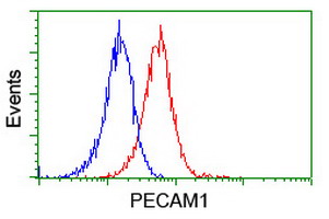 PECAM-1 / CD31 Antibody - Flow cytometry of Jurkat cells, using anti-PECAM1 antibody (Red), compared to a nonspecific negative control antibody (Blue).