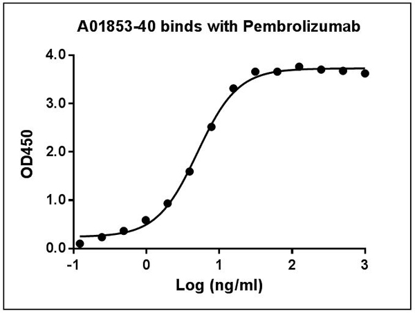 Pembrolizumab Antibody - MonoRab™ Anti-Pembrolizumab antibody (90G12F8) binds with Pembrolizumab. While the antibody does not recognize the human IgG Fc fragment (data not shown). Coating antigen: Pembrolizumab, 1 µg/ml. Anti-Pembrolizumab antibody dilution start from 1,000 ng/ml. EC50= 5.01 ng/ml.