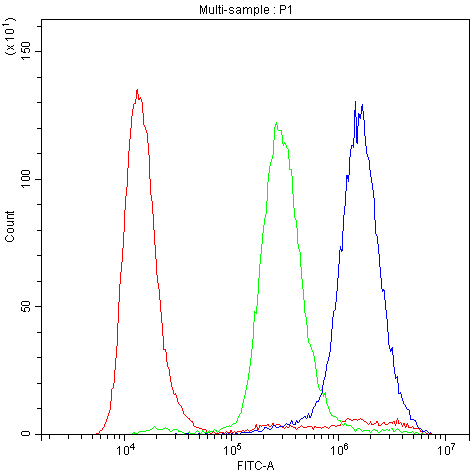 PLIN1 / Perilipin Antibody - Flow Cytometry analysis of U20S cells using anti-Perilipin A antibody. Overlay histogram showing U20S cells stained with anti-Perilipin A antibody (Blue line). The cells were blocked with 10% normal goat serum. And then incubated with rabbit anti-Perilipin A Antibody (1µg/10E6 cells) for 30 min at 20°C. DyLight®488 conjugated goat anti-rabbit IgG (5-10µg/10E6 cells) was used as secondary antibody for 30 minutes at 20°C. Isotype control antibody (Green line) was rabbit IgG (1µg/10E6 cells) used under the same conditions. Unlabelled sample (Red line) was also used as a control.