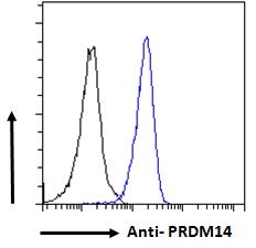 PRDM14 Antibody - Goat Anti-PRDM14 (aa414-427) Antibody Flow cytometric analysis of paraformaldehyde fixed HeLa cells (blue line), permeabilized with 0.5% Triton. Primary incubation 1hr (10ug/ml) followed by Alexa Fluor 488 secondary antibody (1ug/ml). IgG control: Unimmunized goat IgG (black line) followed by Alexa Fluor 488 secondary antibody.