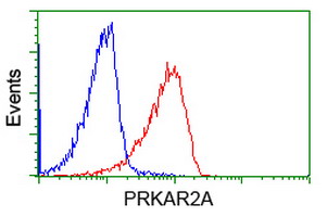 PRKAR2A Antibody - Flow cytometry of Jurkat cells, using anti-PRKAR2A antibody (Red), compared to a nonspecific negative control antibody (Blue).