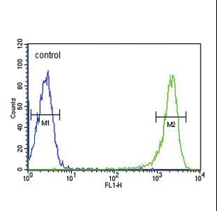 PSMB1 Antibody - PSMB1 Antibody flow cytometry of HL-60 cells (right histogram) compared to a negative control cell (left histogram). FITC-conjugated goat-anti-rabbit secondary antibodies were used for the analysis.