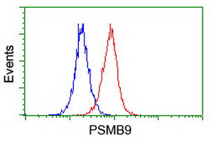 PSMB9 Antibody - Flow cytometry of Jurkat cells, using anti-PSMB9 antibody (Red), compared to a nonspecific negative control antibody (Blue).