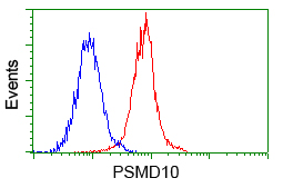 PSMD10 / Gankyrin Antibody - Flow cytometry of Jurkat cells, using anti-PSMD10 antibody, (Red) compared to a nonspecific negative control antibody (Blue).