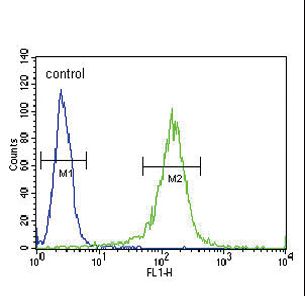 RDH10 Antibody - RDH10 Antibody flow cytometry of NCI-H460 cells (right histogram) compared to a negative control cell (left histogram). FITC-conjugated goat-anti-rabbit secondary antibodies were used for the analysis.