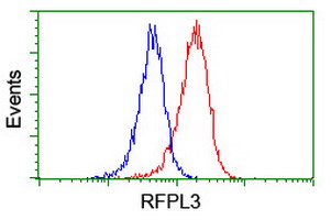 RFPL3 Antibody - Flow cytometry of Jurkat cells, using anti-RFPL3 antibody (Red), compared to a nonspecific negative control antibody (Blue).