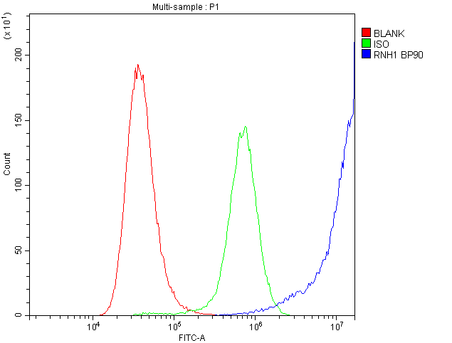 RNH1 Antibody - Flow Cytometry analysis of A549 cells using anti-RNH1 antibody. Overlay histogram showing A549 cells stained with anti-RNH1 antibody (Blue line). The cells were blocked with 10% normal goat serum. And then incubated with rabbit anti-RNH1 Antibody (1µg/10E6 cells) for 30 min at 20°C. DyLight®488 conjugated goat anti-rabbit IgG (5-10µg/10E6 cells) was used as secondary antibody for 30 minutes at 20°C. Isotype control antibody (Green line) was rabbit IgG (1µg/10E6 cells) used under the same conditions. Unlabelled sample (Red line) was also used as a control.