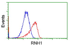 RNH1 Antibody - Flow cytometric Analysis of Hela cells, using anti-RNH1 antibody, (Red), compared to a nonspecific negative control antibody, (Blue).