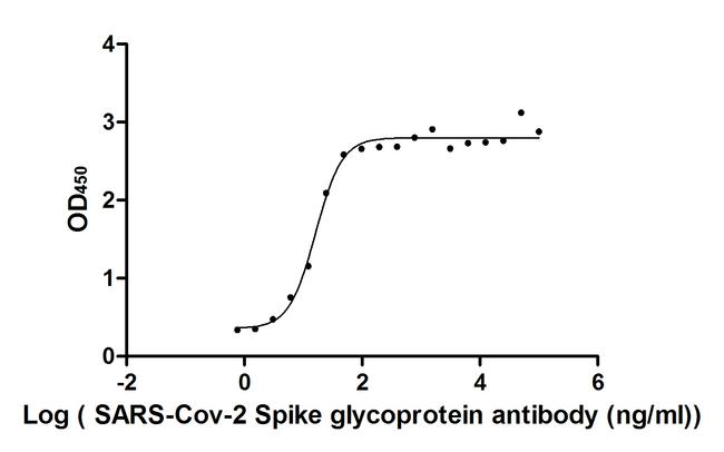 SARS-CoV-2 Spike Glycoprotein Antibody - The binding activity of SARS-CoV-2-Spike Antibody with SARS-CoV-2-S1-RBD Activity: Measured by its binding ability in a functional ELISA. Immobilized SARS-CoV-2-S1-RBD at 2 µg/ml can bind SARS-CoV-2-S Antibody, the EC50 is 16.49 ng/ml.