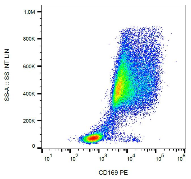 SIGLEC1 / CD169 / Sialoadhesin Antibody - Surface staining of CD169 on buffy coat diff. monocytes by anti-CD169 (7-239) PE.