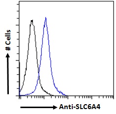 SLC6A4 / SERT Antibody - SLC6A4 / SERT antibody flow cytometric analysis of paraformaldehyde fixed Jurkat cells (blue line), permeabilized with 0.5% Triton. Primary incubation 1hr (10ug/ml) followed by Alexa Fluor 488 secondary antibody (2ug/ml). IgG control: Unimmunized goat IgG (black line) followed by Alexa Fluor 488 secondary antibody.