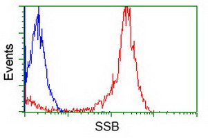 SSB / La Antibody - Flow cytometry of Jurkat cells, using anti-SSB antibody (Red), compared to a nonspecific negative control antibody (Blue).