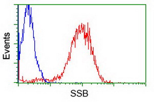 SSB / La Antibody - Flow cytometry of Jurkat cells, using anti-SSB antibody (Red), compared to a nonspecific negative control antibody (Blue).