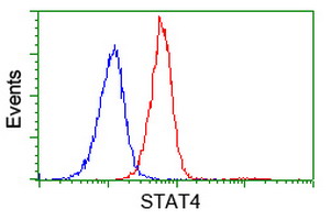 STAT4 Antibody - Flow cytometry of Jurkat cells, using anti-STAT4 antibody (Red), compared to a nonspecific negative control antibody (Blue).