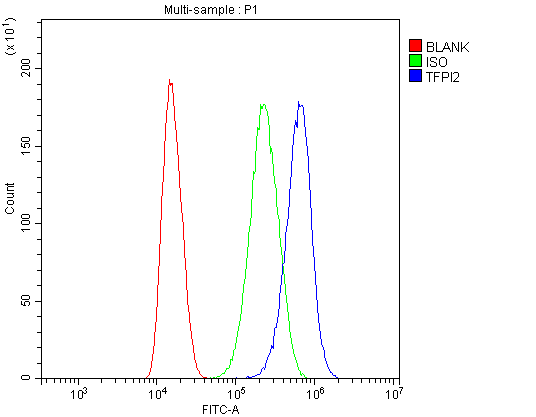 TFPI2 Antibody - Flow Cytometry analysis of U87 cells using anti-TFPI2 antibody. Overlay histogram showing U87 cells stained with anti-TFPI2 antibody (Blue line). The cells were blocked with 10% normal goat serum. And then incubated with rabbit anti-TFPI2 Antibody (1µg/10E6 cells) for 30 min at 20°C. DyLight®488 conjugated goat anti-rabbit IgG (5-10µg/10E6 cells) was used as secondary antibody for 30 minutes at 20°C. Isotype control antibody (Green line) was rabbit IgG (1µg/10E6 cells) used under the same conditions. Unlabelled sample (Red line) was also used as a control.