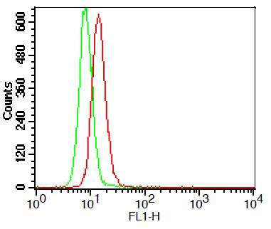 TLR3 Antibody - Fig-1: Intracellular flow analysis of TLR3 FITC conjugated in THP-1 cell line using 0.5 µg/10^6 cells of TLR3 FITC conjugated antibody. Green represents isotype control; red represents anti-TLR3 FITC conjugated antibody.