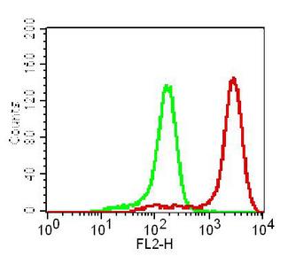 TLR5 Antibody - Fig-1: Cell surface flow cytometry analysis of hTLR5 on human PBMC (Monocytes) using 0.5 µg/10^6 Cells of Anti-TLR5 antibody. Green represent isotype control and red represent Anti human TLR5 antibody. Goat anti mouse PE conjugated was used as the secondary antibody.