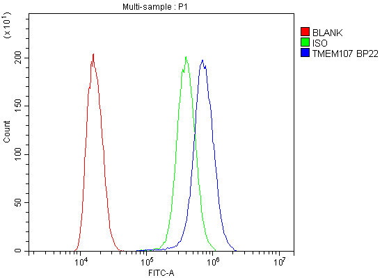 TMEM107 Antibody - Flow Cytometry analysis of SiHa cells using anti-TMEM107 antibody. Overlay histogram showing SiHa cells stained with anti-TMEM107 antibody (Blue line). The cells were blocked with 10% normal goat serum. And then incubated with rabbit anti-TMEM107 Antibody (1µg/10E6 cells) for 30 min at 20°C. DyLight®488 conjugated goat anti-rabbit IgG (5-10µg/10E6 cells) was used as secondary antibody for 30 minutes at 20°C. Isotype control antibody (Green line) was rabbit IgG (1µg/10E6 cells) used under the same conditions. Unlabelled sample (Red line) was also used as a control.