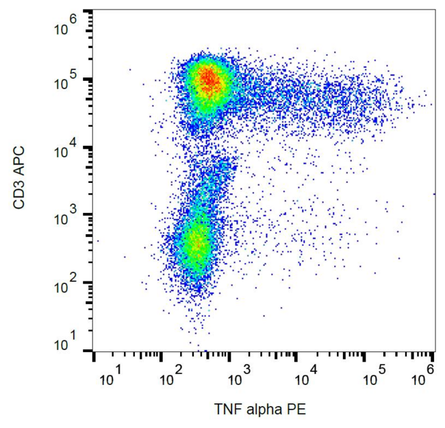 TNF Alpha Antibody - Intracellular staining of activated human peripheral blood with anti-TNF alpha (MAb11) PE.