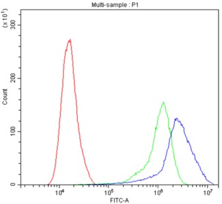 TNFRSF10A / DR4 Antibody - Flow Cytometry analysis of A549 cells using anti-DR4 antibody. Overlay histogram showing A549 cells stained with anti-DR4 antibody (Blue line). The cells were blocked with 10% normal goat serum. And then incubated with rabbit anti-DR4 Antibody (1µg/10E6 cells) for 30 min at 20°C. DyLight®488 conjugated goat anti-rabbit IgG (5-10µg/10E6 cells) was used as secondary antibody for 30 minutes at 20°C. Isotype control antibody (Green line) was rabbit IgG (1µg/10E6 cells) used under the same conditions. Unlabelled sample (Red line) was also used as a control.