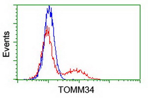 TOMM34 Antibody - HEK293T cells transfected with either overexpress plasmid (Red) or empty vector control plasmid (Blue) were immunostained by anti-TOMM34 antibody, and then analyzed by flow cytometry.