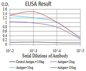 TRIM25 Antibody - Black line: Control Antigen (100 ng);Purple line: Antigen (10ng); Blue line: Antigen (50 ng); Red line:Antigen (100 ng)