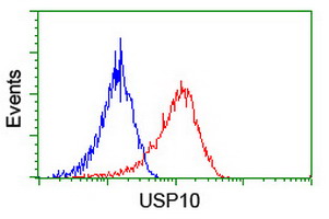 USP10 Antibody - Flow cytometry of HeLa cells, using anti-USP10 antibody (Red), compared to a nonspecific negative control antibody (Blue).