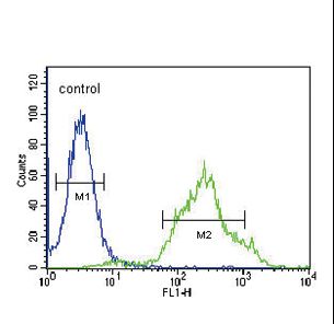 ZDHHC21 Antibody - ZDHHC21 Antibody flow cytometry of 293 cells (right histogram) compared to a negative control cell (left histogram). FITC-conjugated goat-anti-rabbit secondary antibodies were used for the analysis.